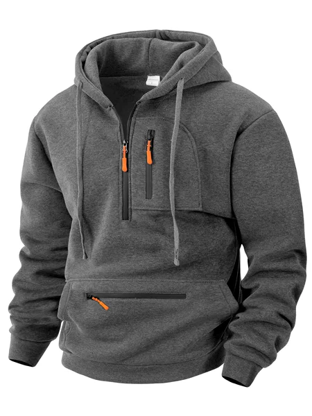 Cross-Border Men's Hooded Sports Casual Sweatshirt Workwear Style Loose Velvet Pullover Trendy Brand Multi-Pocket Top for Men