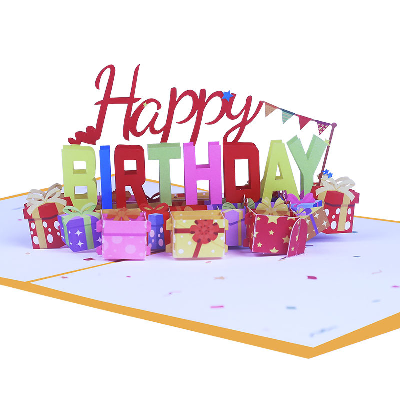 新款創意跨境彩印生日立體賀卡HAPPY BIRTHDAY紙雕3d立體生日卡片