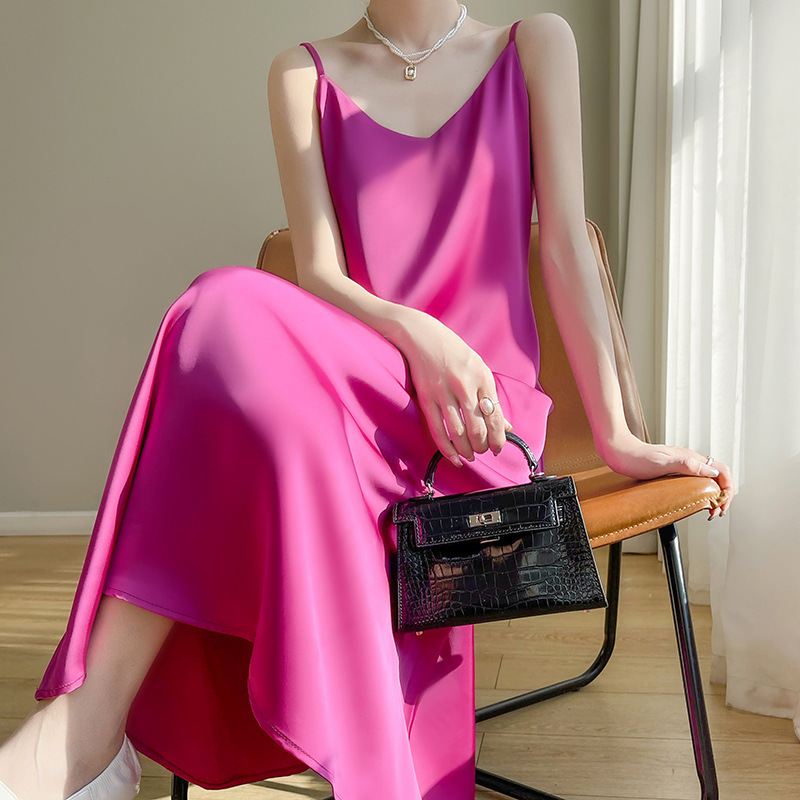 High-grade Silk Sling dress Spring and Summer Satin Fashion French Style Elegant V-neck Sling Women's Long Dress High-grade Silk Sling dress Spring and Summer Satin Fashion French Style Elegant V-neck Sling Women's Long Dress
