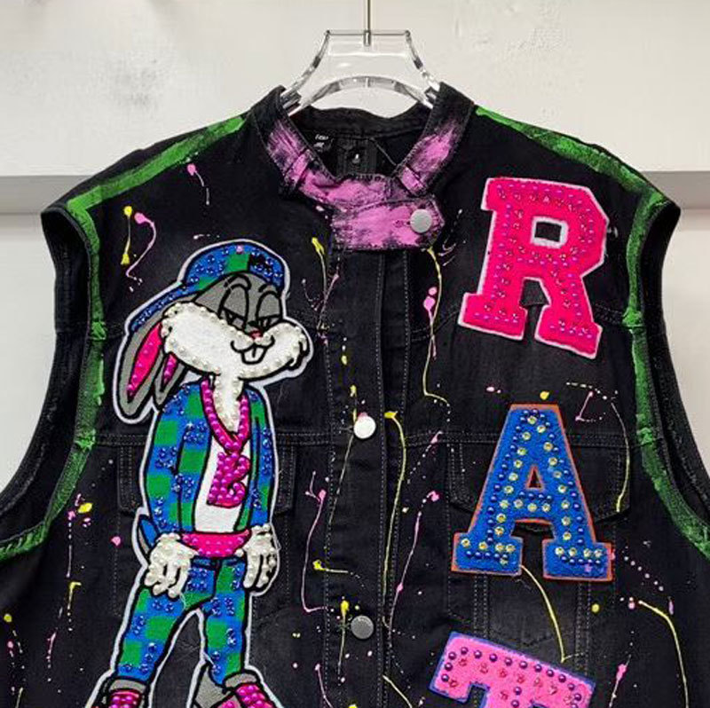 Caricatura graffiti vaquero clip nuevo 2026 chaqueta de explosión mujer corta hombre pequeño con chaleco de aire extranjero chaleco image 2