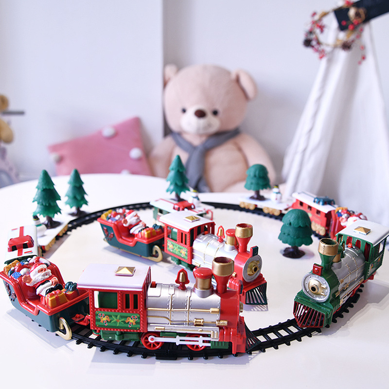 Transfronteriza venta caliente juguetes de navidad coche de ferrocarril eléctrico pequeño tren adornos regalos de navidad juguetes educativos para niños