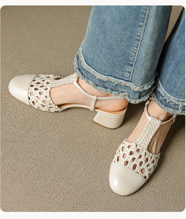 Sandal nữ quai ngang gót thô 5 cm, dây đan kiểu La Mã — màu nâu chi tiết 7