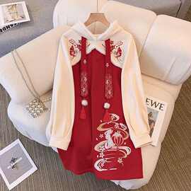 棉料兔年吉祥中国风拜年服红色加绒加厚卫衣过年唐装汉服拼接裙子