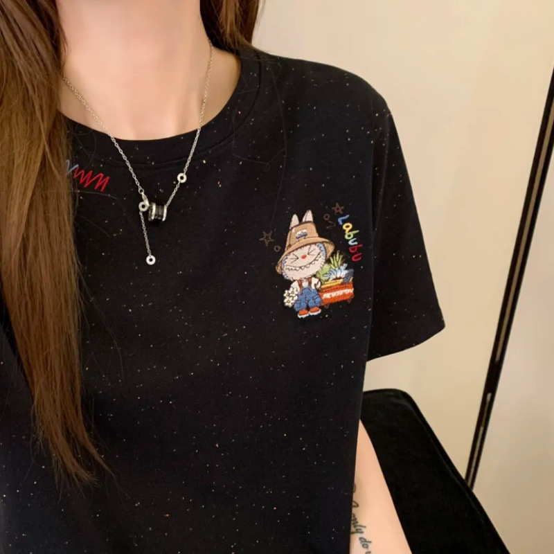 美式复古可爱图案刺绣短袖T恤女夏季拉布布彩棉纯棉宽松显瘦上衣|undefined