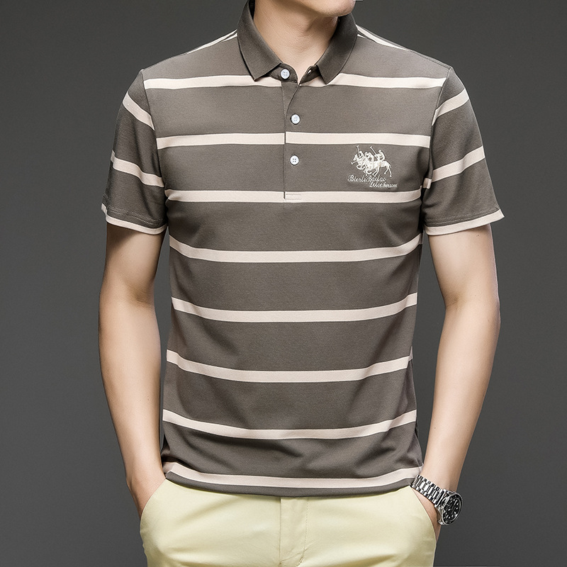 Exclusivo transfronterizo para verano nuevo estilo de algodón bordado de manga corta camiseta de hombre a rayas casual solapa de gran tamaño camisa POLO para hombre