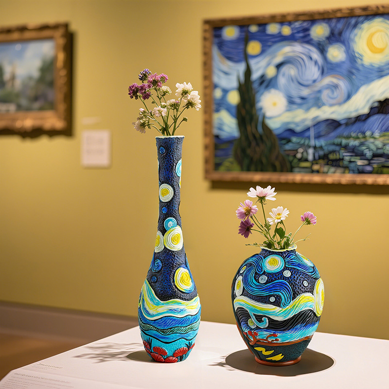  Hot Selling Van Gogh Art Inspiration Starry Night Resin Vase Set Home Desktop Flower Arrangement Decorative Vase Ornaments