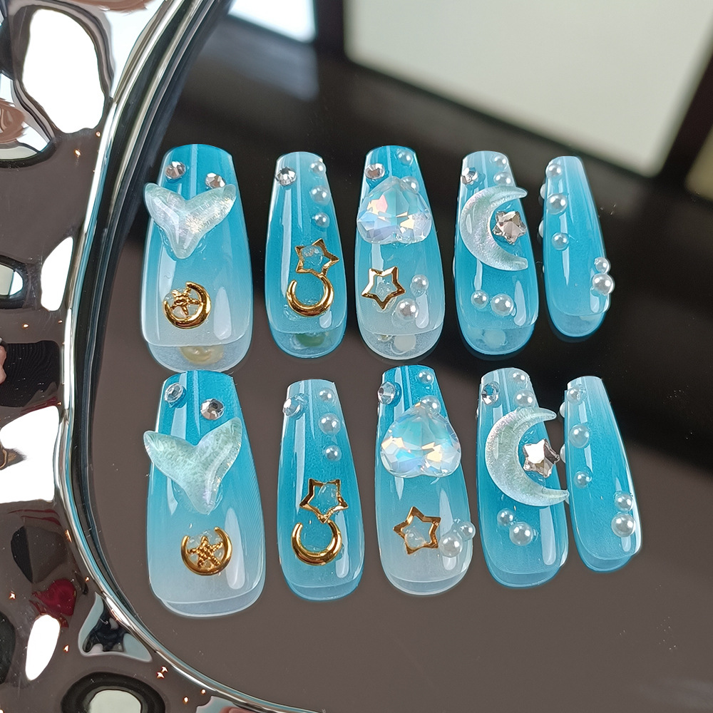 Manos de desgaste de uñas, azul gradiente sirena amor de uñas, estrella y luna, perlas de uñas parches de uñas, 10 piezas.
