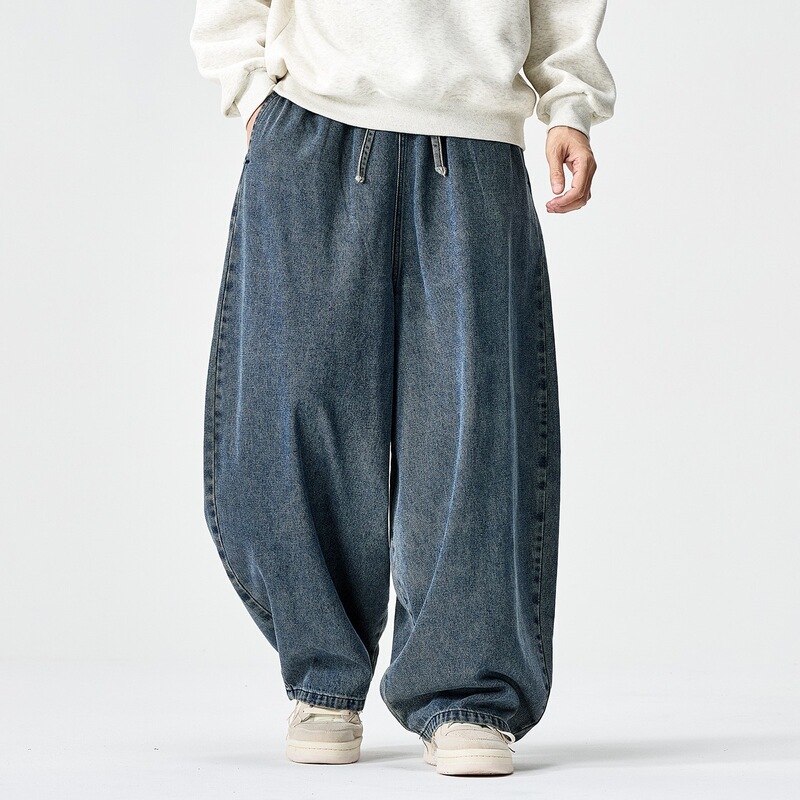 Men's Japanese-style retro loose-fit wide-leg straight-leg jeans, American high-street oversized washed and distressed work pants Men's Japanese-style retro loose-fit wide-leg straight-leg jeans, American high-street oversized washed and distressed work pants