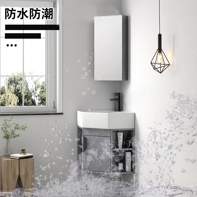 Triángulo montado en la pared gabinete de baño de cerámica lavado a mano lavabo combinación esquina lavabo piscina balcón pequeño apartamento