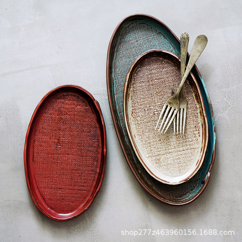 Retro Creative Handmade Ceramic Oval Deep Plate Household Fish Plate Breakfast Plate Set Restaurant Japanese Salad Snack Plate