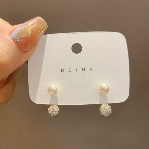 South Korea's Dongdaemun micro-paved zircon detachable earrings for front and rear wear S925 silver needle micro-paved zircon ball earrings for ladies