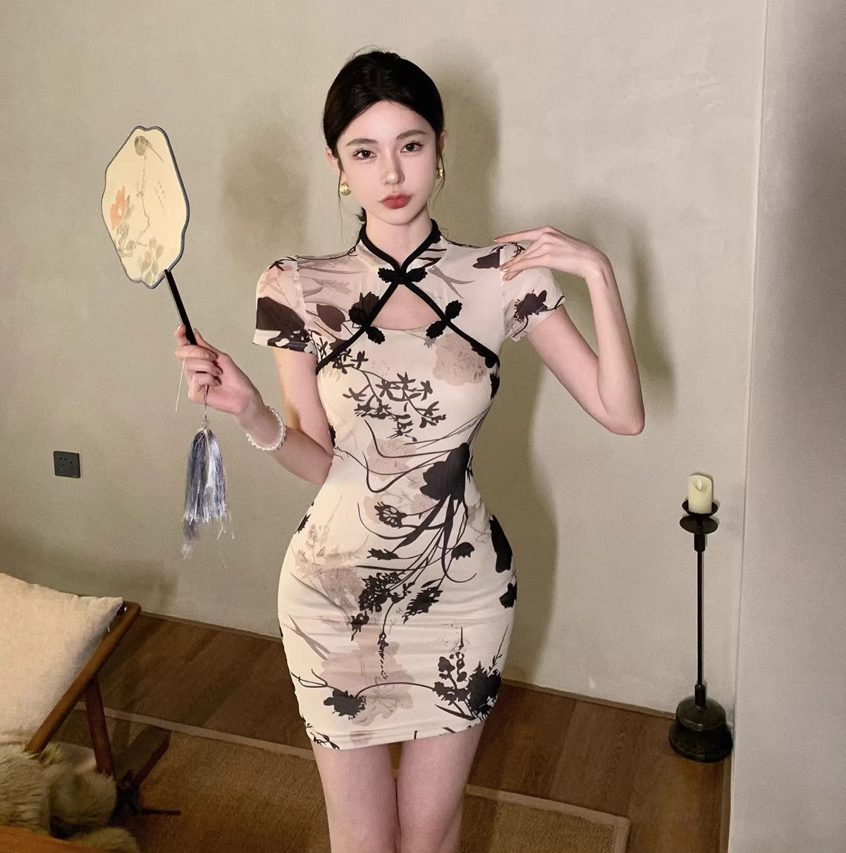Fashion Simple Qipao Young Girls, High-end Retro Print, Waist-cinching Slimming Improved Chinese-style Dress For Women_ecoleips.com