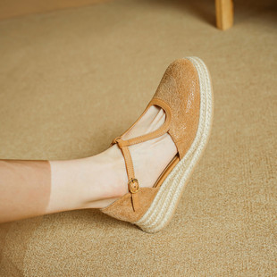 4.5cm French Genuine Leather Mary Jane Toe-Toe Sandals for Women Summer New Thick-Soled Platform Shoes Straw Wedge-Heeled Roman Shoes~