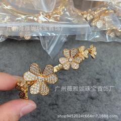 Fanjia クローバー フルダイヤモンド オープン ブレスレット レディース シルバー 925 メッキ 18K ローズゴールド 7 花三つ葉ダイヤモンド ブレスレット