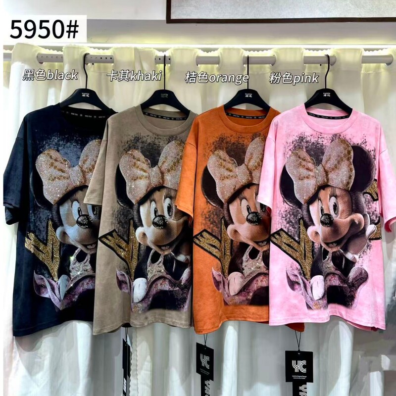 Plus-Size Trendy Women's Clothing 2025 Autumn European-Style Pure Cotton Short-Sleeve T-Shirt Sweet Style Cartoon Rhinestone Southeast Asian Style