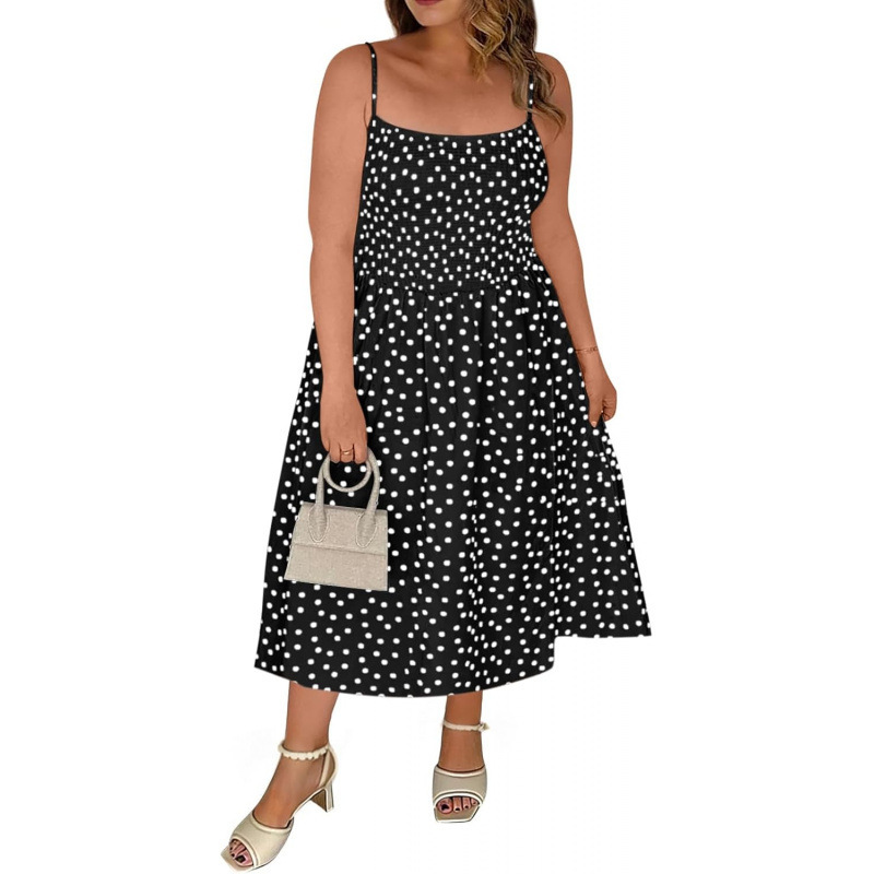 Cross-Border Amazon Plus-Size Mid-Length Dress for Women 2026 Summer New Polka Dot Square Neck Beach Sundress