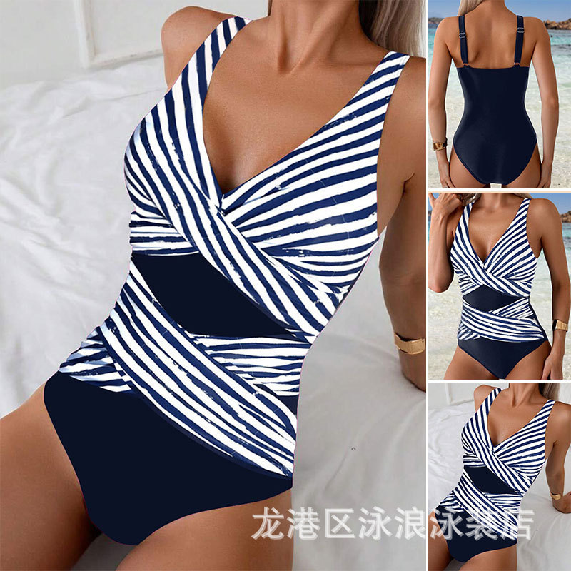 亚马逊女士泳衣无袖夏季休闲条纹连体紧身性感欧美跨境泳装批发