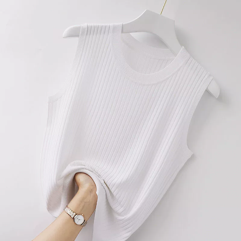 White knitted tank top, thin T-shirt sleevless, plus size, fitted