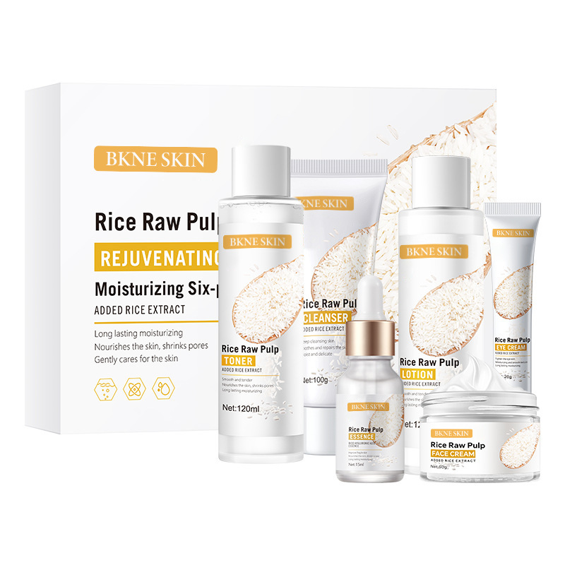 Inglés completo arroz conjunto de productos de cuidado de la piel pulpa de arroz serie seis cuidado corporal pulpa de arroz original piel rejuvenecedora humectante