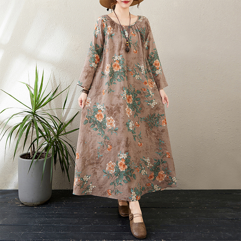 2025 Early Autumn New Round Neck Pleated Relaxed Lazy Skirt Normcore Long-Sleeved Maxi Dress Holiday Style