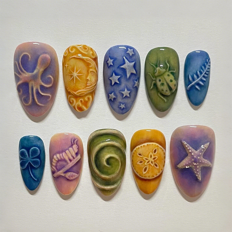 24 Pieces of Cross-Border Export Handmade Colored Pottery Pattern Fake Nails Wholesale Art Starfish Summer Ocean Style Wearable Nails