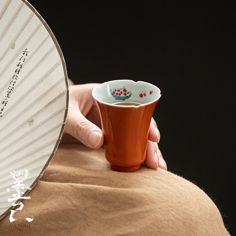 Mo Ji Hand drawn Tea cup Red cherry Underglaze Scholars teacup