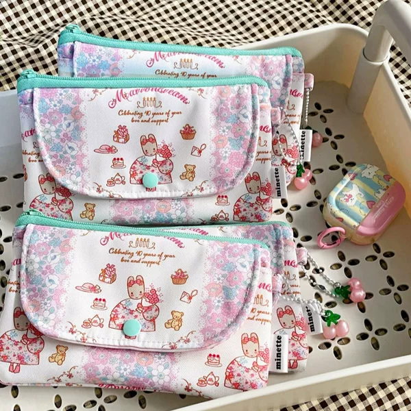 In-Stock Cartoon Retro Floral Jasmine Rabbit Card Holder Flip Cover Snap Button Multi-Compartment Bank Card Id Storage Pouch