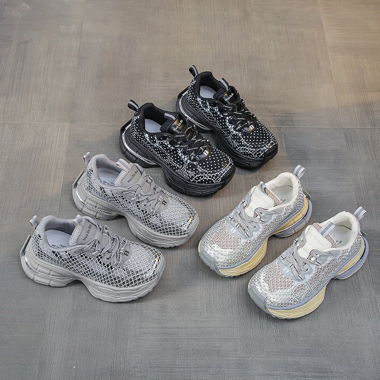 Bajia Rhinestone Mesh Torre Shoes Women's Elevated 2025 Spring New Lace-up Casual Thick Bottom sneaker Running Shoes