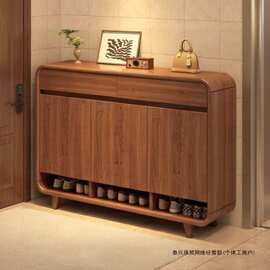 实木色鞋柜家用门口玄关柜靠墙一体电梯口新中式阳台柜储物柜鞋架