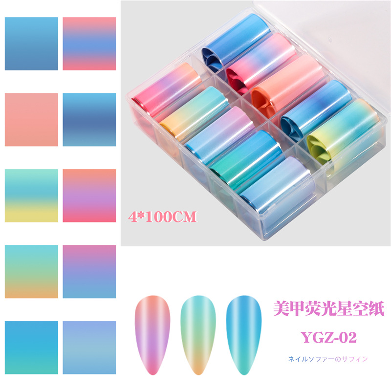 Transfronterizo especial manicura fluorescente cielo estrellado papel colorido gradiente caramelo color fluorescente cielo estrellado papel de transferencia 4*100cm