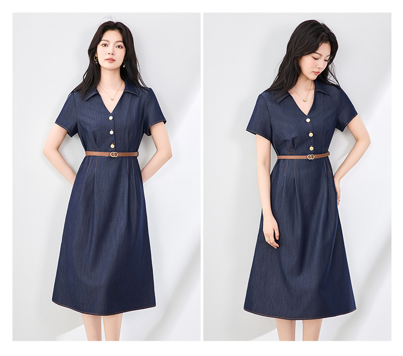 Váy liền denim sơ mi kiểu Pháp thắt eo thanh lịch — Màu xanh lam nhạt chi tiết 14