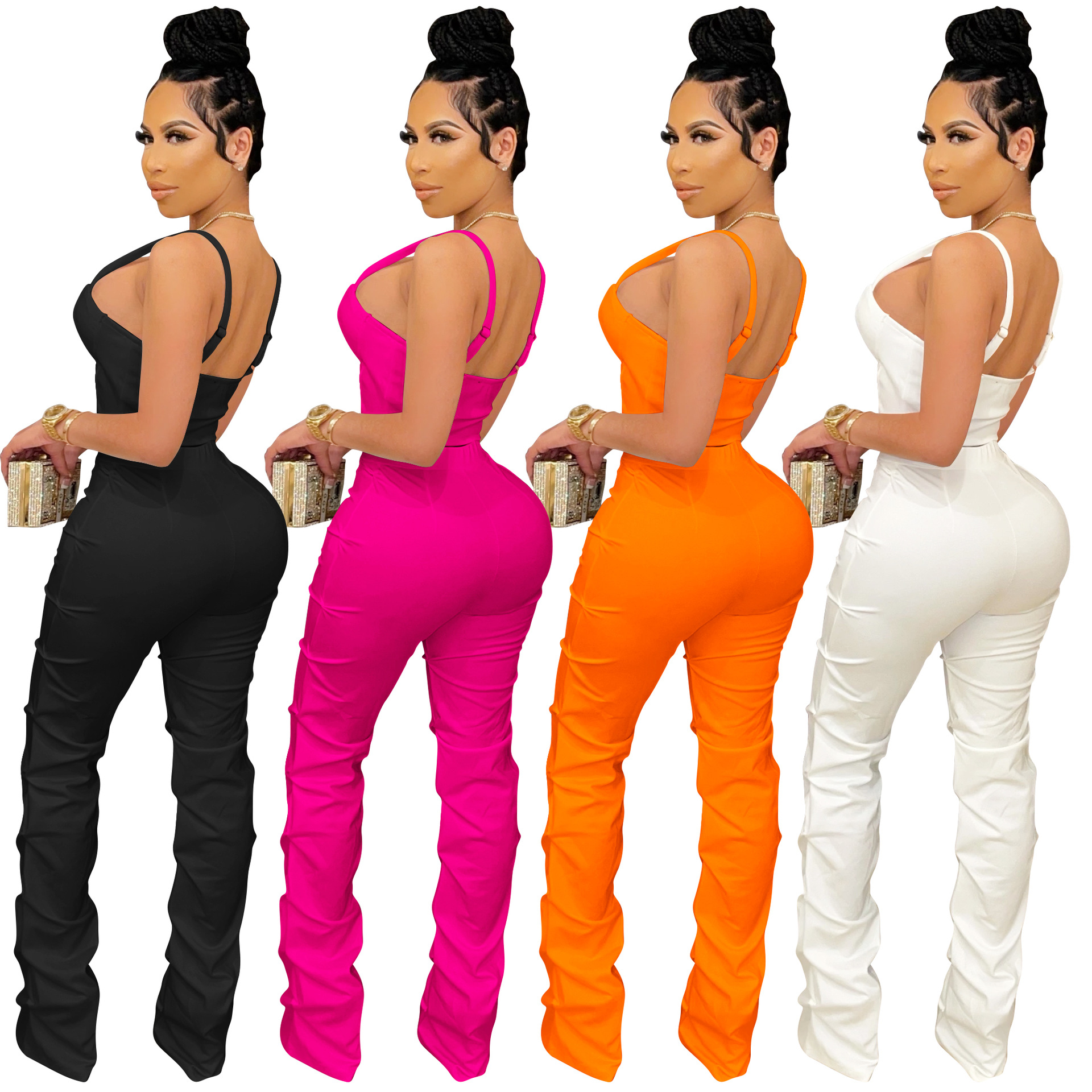 X5215 AliExpress Amazon Ebay color sólido sexy camisola de las mujeres envuelto pecho cremallera chaleco pantalones de dos piezas conjunto