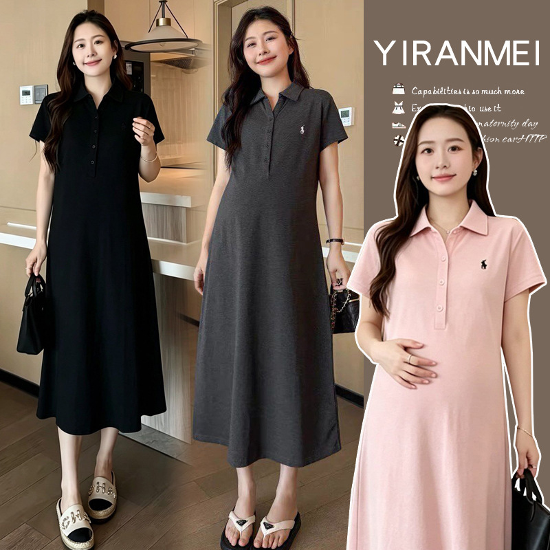 Maternity Dress Summer Style Polo Lapel Fashion Casual Large Size Long Style Age-Reducing Summer Thin Maternity Dress