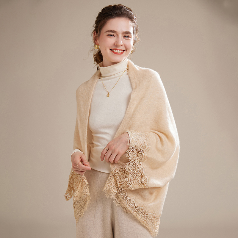 100% Pure Cashmere Shawl Cape Outwear for Women, Cut Out Knitted Cardigan, Air-Conditioned Room Shoulder Pads and Neck Warm Scarf