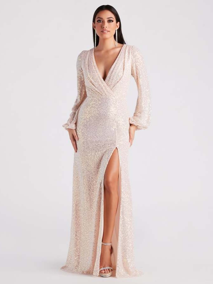 Vestido de Noche para Mujer, Estilo Europeo y Americano, Nuevo para Primavera y Verano, con Lentejuelas, Abertura Lateral, Manga Larga, para Damas de Honor de Boda