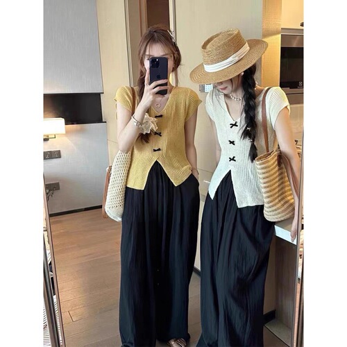 Korean V-neck bow flying sleeves knitted T-shirt women's summer slim fit niche design chic top