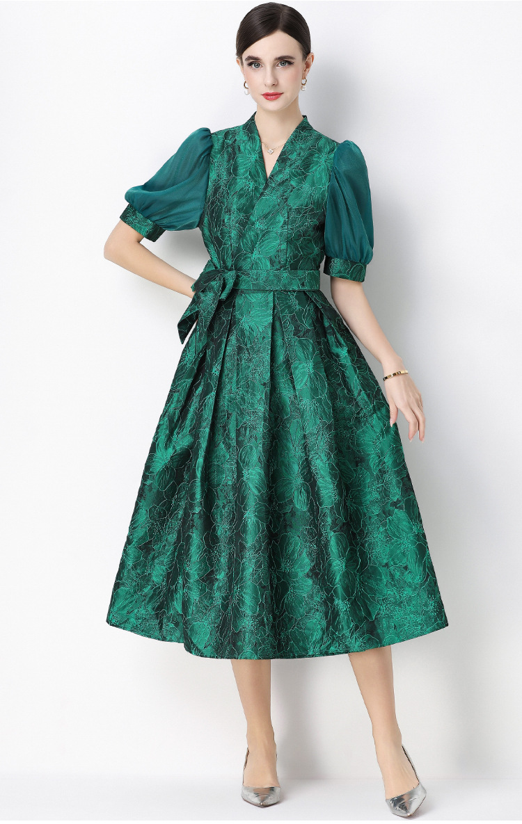 Đầm maxi nữ thắt eo V cổ tay ngắn họa tiết jacquard thanh lịch — màu đen, xanh lam, Màu hồng, màu trắng chi tiết 9