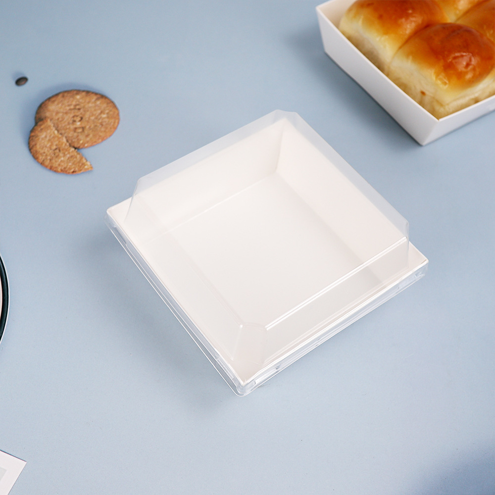 Caja cuadrada de papel y plástico de tamaño medio, caja de pan de sándwich, mousse, nieve, caja de pan Tiandi, caja de embalaje para hornear, punto oeste