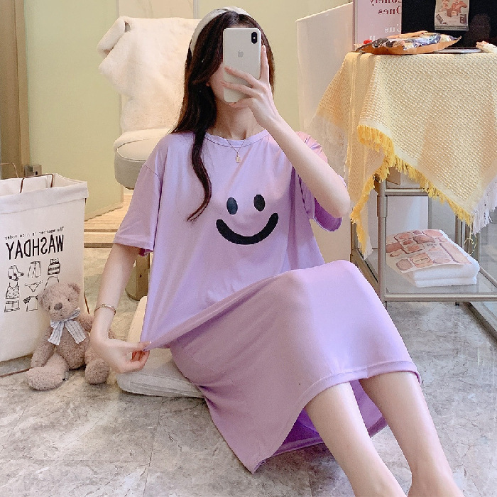 Estilo coreano nuevo verano de manga corta pijamas de las mujeres japonés ins cuello redondo suelto vestido MIDI dulce cara sonriente WeChat celebridad en línea