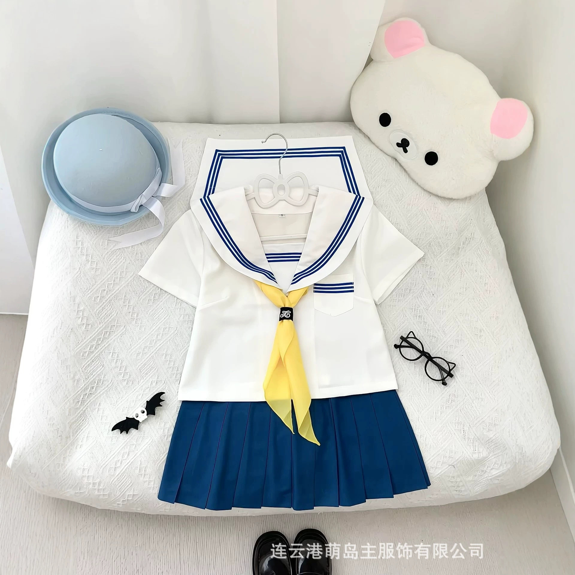 Authentic white-collar blue three-piece sailor uniform JK uniform basic style Japanese college-style sweet outfit set with navy collar
