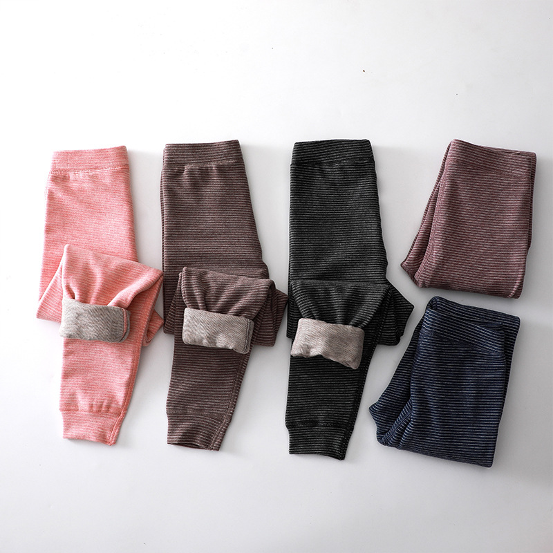 Children's Autumn and Winter Thin Strip Heating Warm Inner Wear Double Leggings for Boys and Girls German Velvet Cashmere Stretch Pants