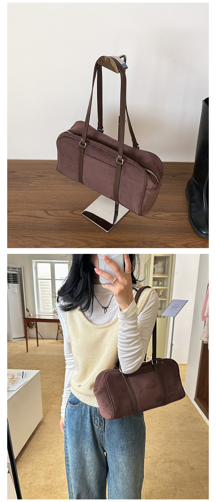 2024 suede autumn edition versatile shoulder bag, women's high-end sense, large capacity commuting plush bag_voghion.com