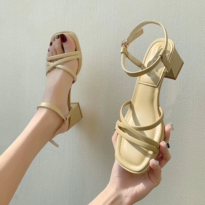 Женские босоножки на высоком каблуке, лето 2025, новые, универсальные, на среднем толстом каблуке, нишевая французская фея, римские туфли, удобные