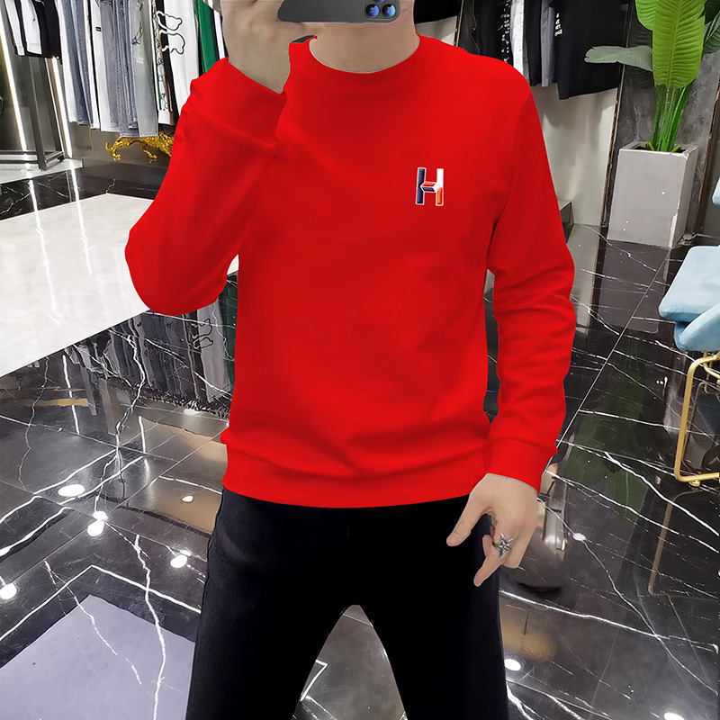 Simple embroidered H letter autumn and winter new men's sweater fleece-lined long sleeve T-shirt pullover fashion fashion brand casual