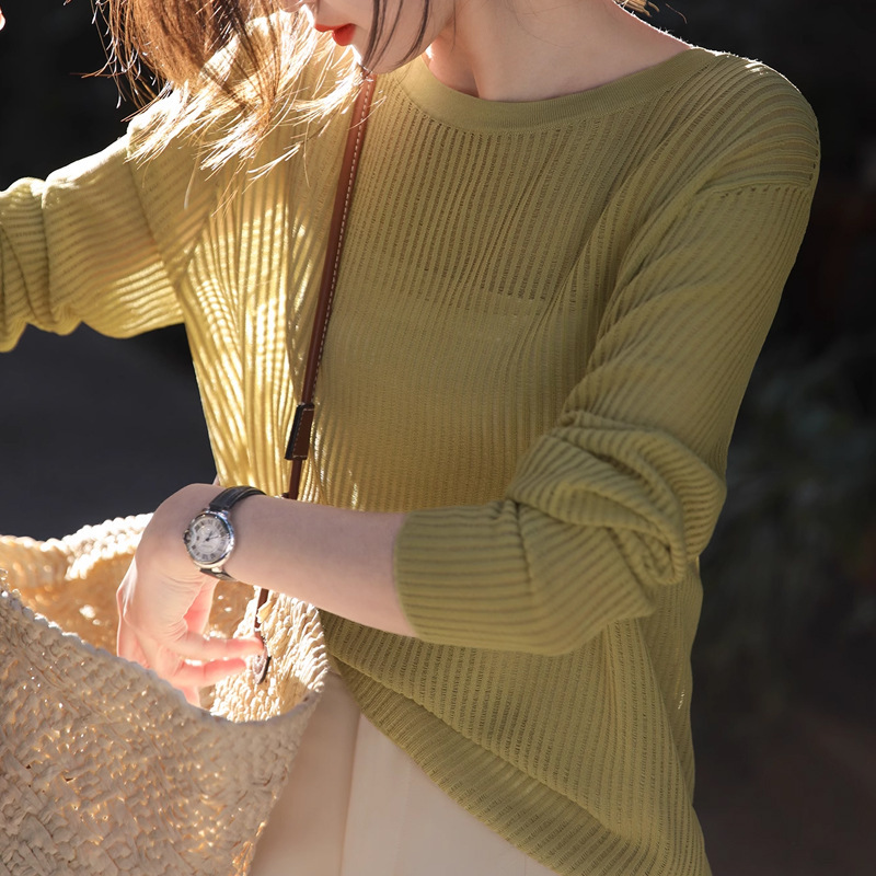 Slightly Sheer Versatile Long-Sleeve Knit Top for Women, Designer Hollow-Out T-Shirt, Casual Knit Top for Women, New Autumn Style Wholesale