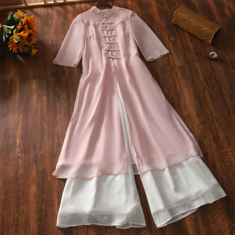 Летний костюм 2025 года в ретро-стиле, элегантный, высококачественный, в улучшенном китайском стиле, с воротником-стойкой и пуговицами, в стиле феи-дзен.