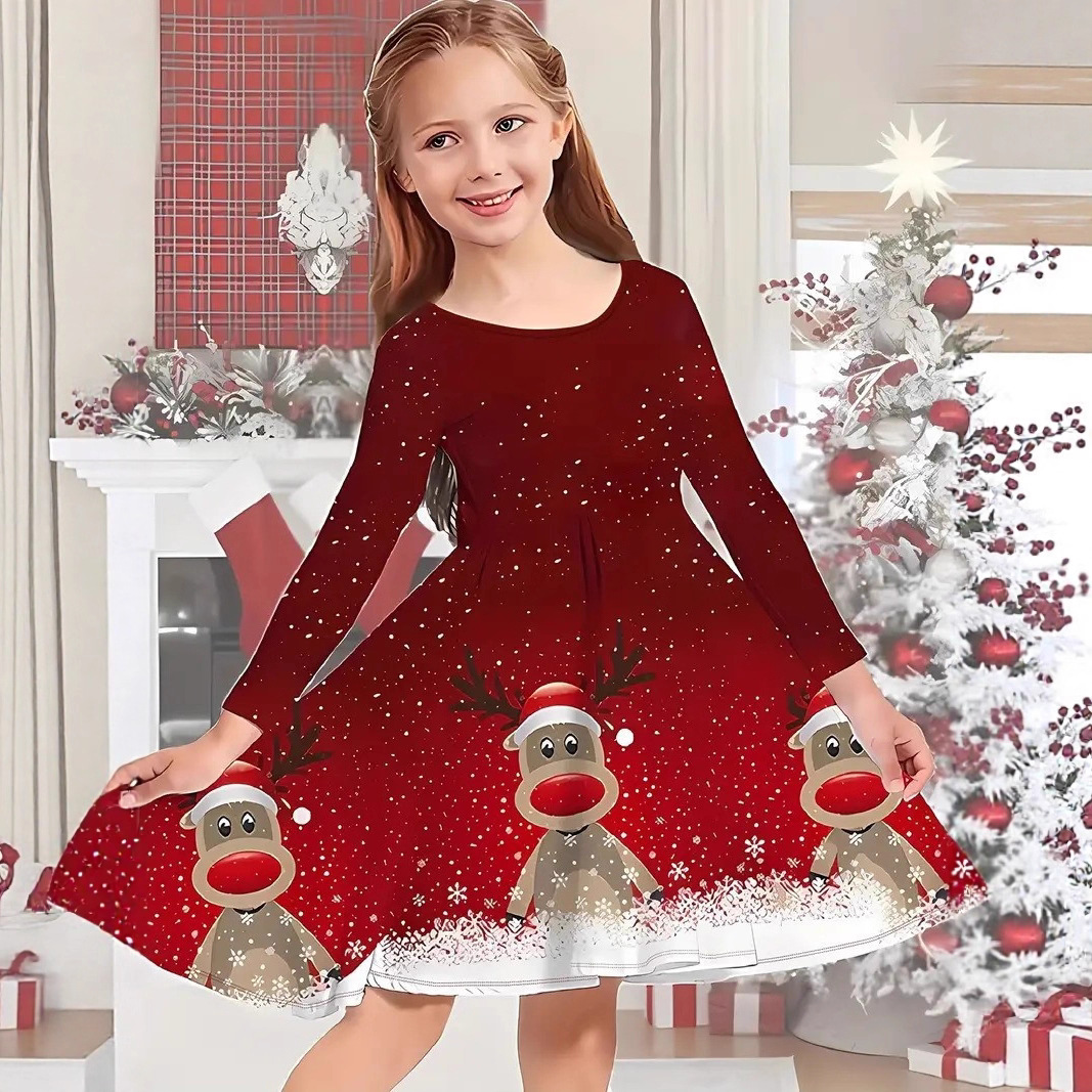 女童小清新长袖连衣裙25秋装新款外贸圣诞鹿印花时尚可爱