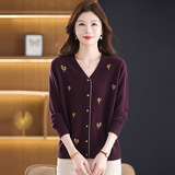 秋冬新款时尚V领绣花羊毛针织衫开衫100%绵羊毛春秋妈妈毛衣女，女装针织衫/毛衣，妃慕昵服饰