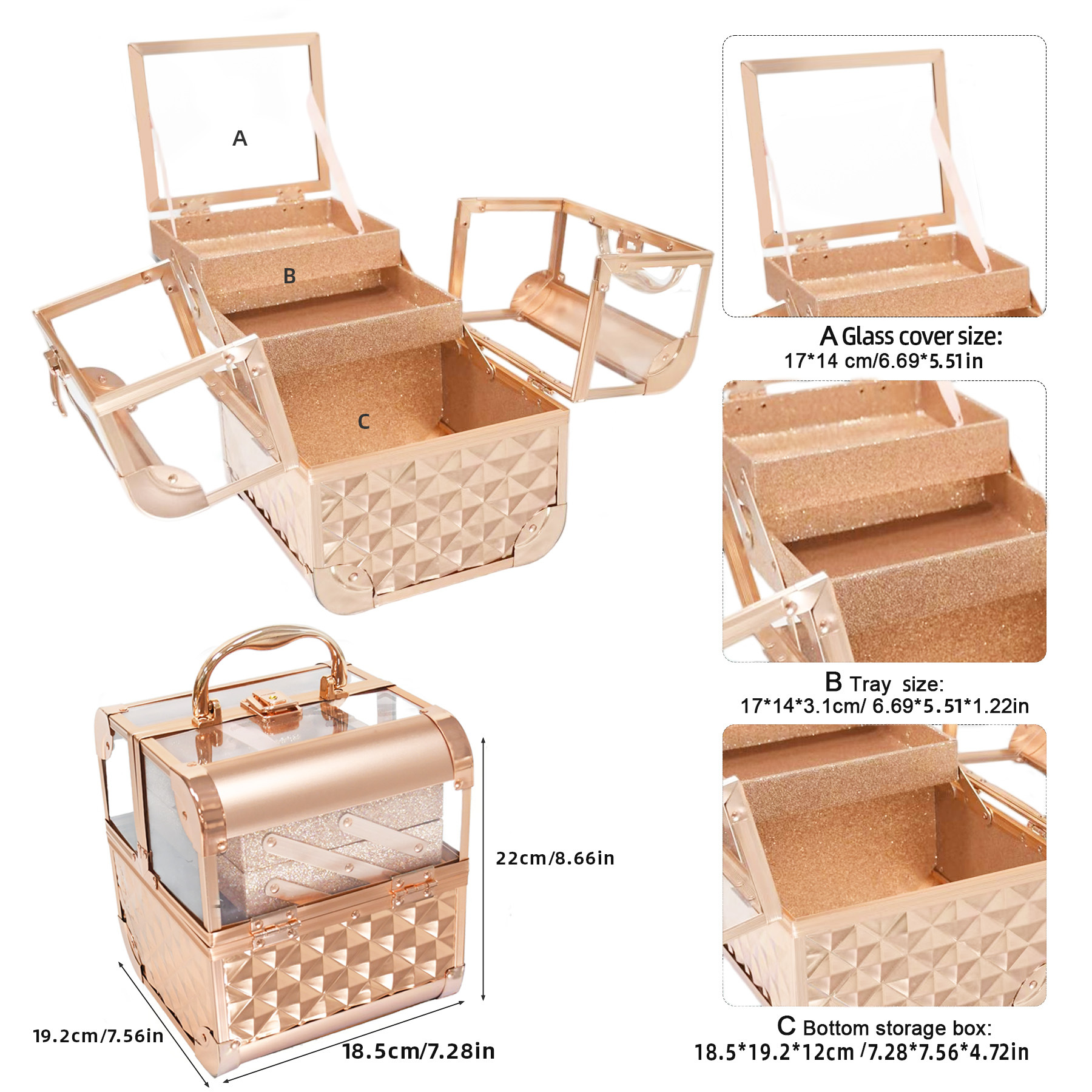 Caja de maquillaje de acrílico portátil de doble talón, caja de maquillaje de color, almacenamiento de cosméticos transfronterizos