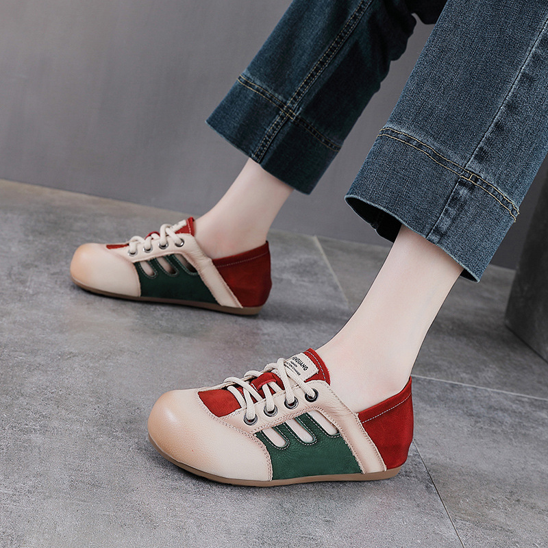 Giày sneaker nữ da thật phối màu cổ điển, đục lỗ thoáng khí, đế êm — màu nâu